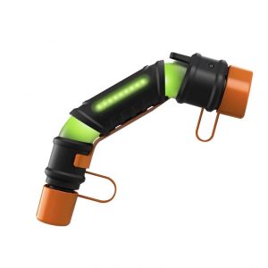 ```json { "alt": "A futuristic, L-shaped tool with glowing green and orange accents.", "title": "Futuristic L-Shaped Tool" } ```